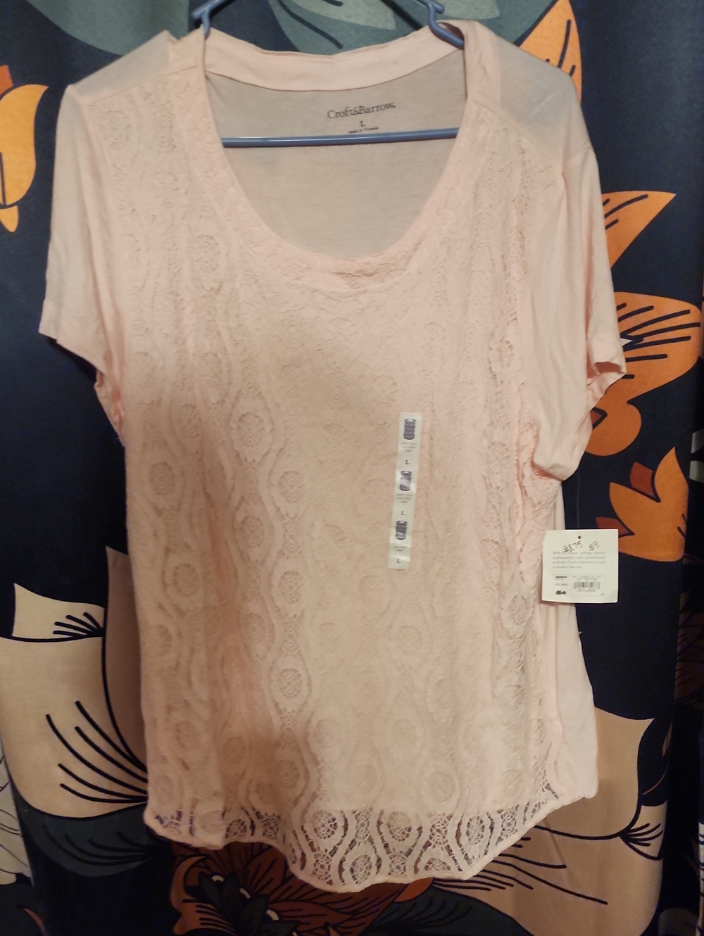 croft & barrow Light Pink Lace Front Short Sleeve Top